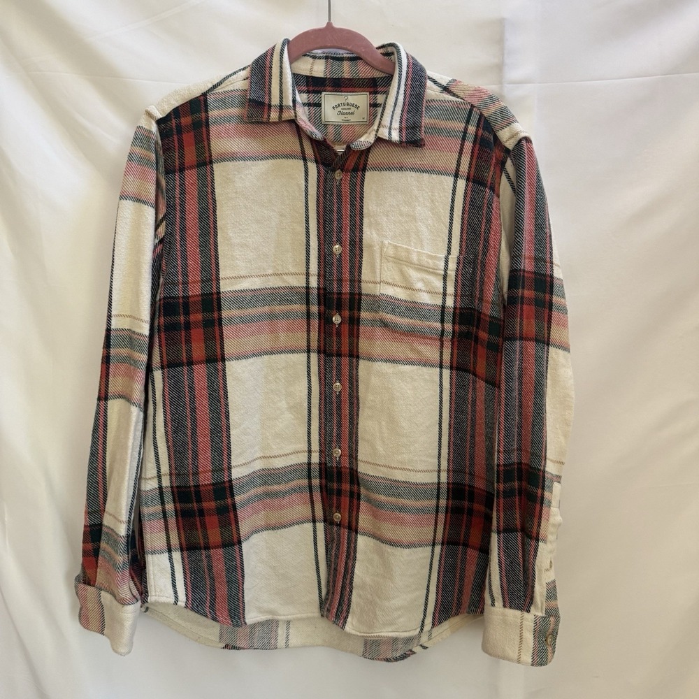 Portuguese Flannel Shirt Men M Red Black  Tan Plaid Cotton Long Sleeve Button Up